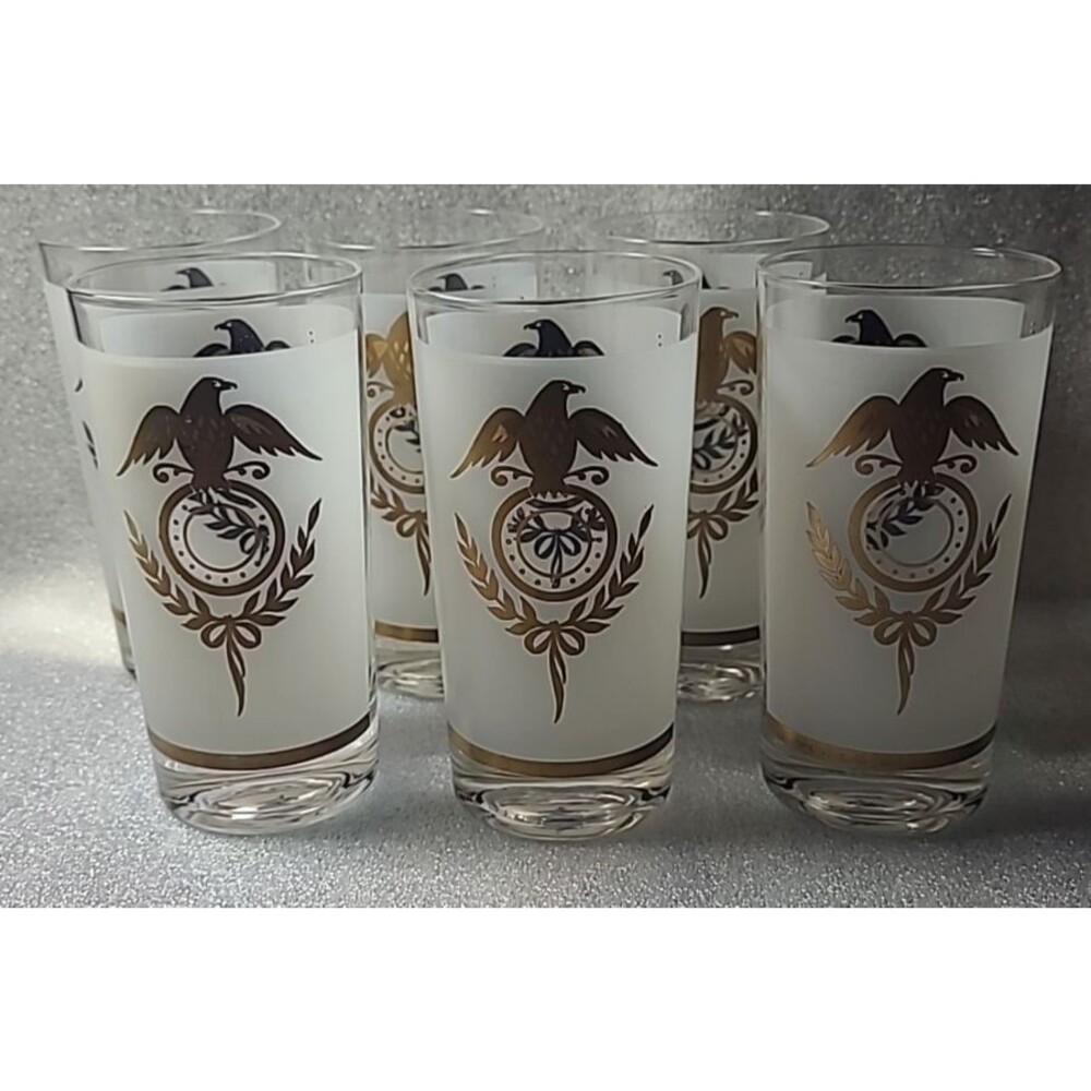 6 Libby Olive Rings Frosted Gold Drinking Cocktail Glasses Set Bird Laurel VNTG